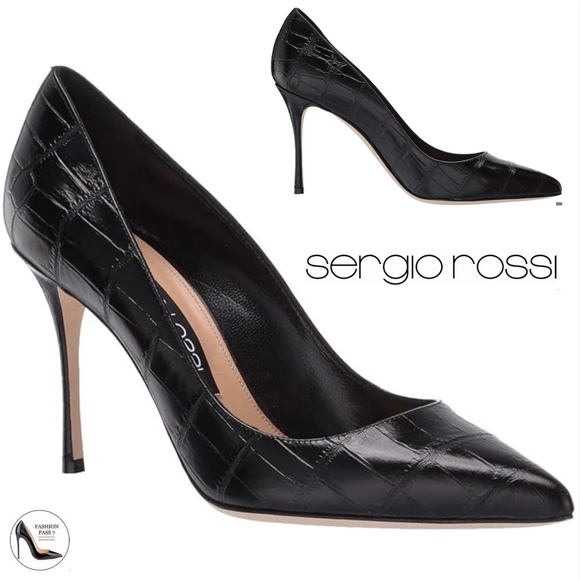 Sergio Rossi Shoes - Sergio Rossi Black Croc Embossed Leather Pointed Toe Pumps Stiletto heel Shoes